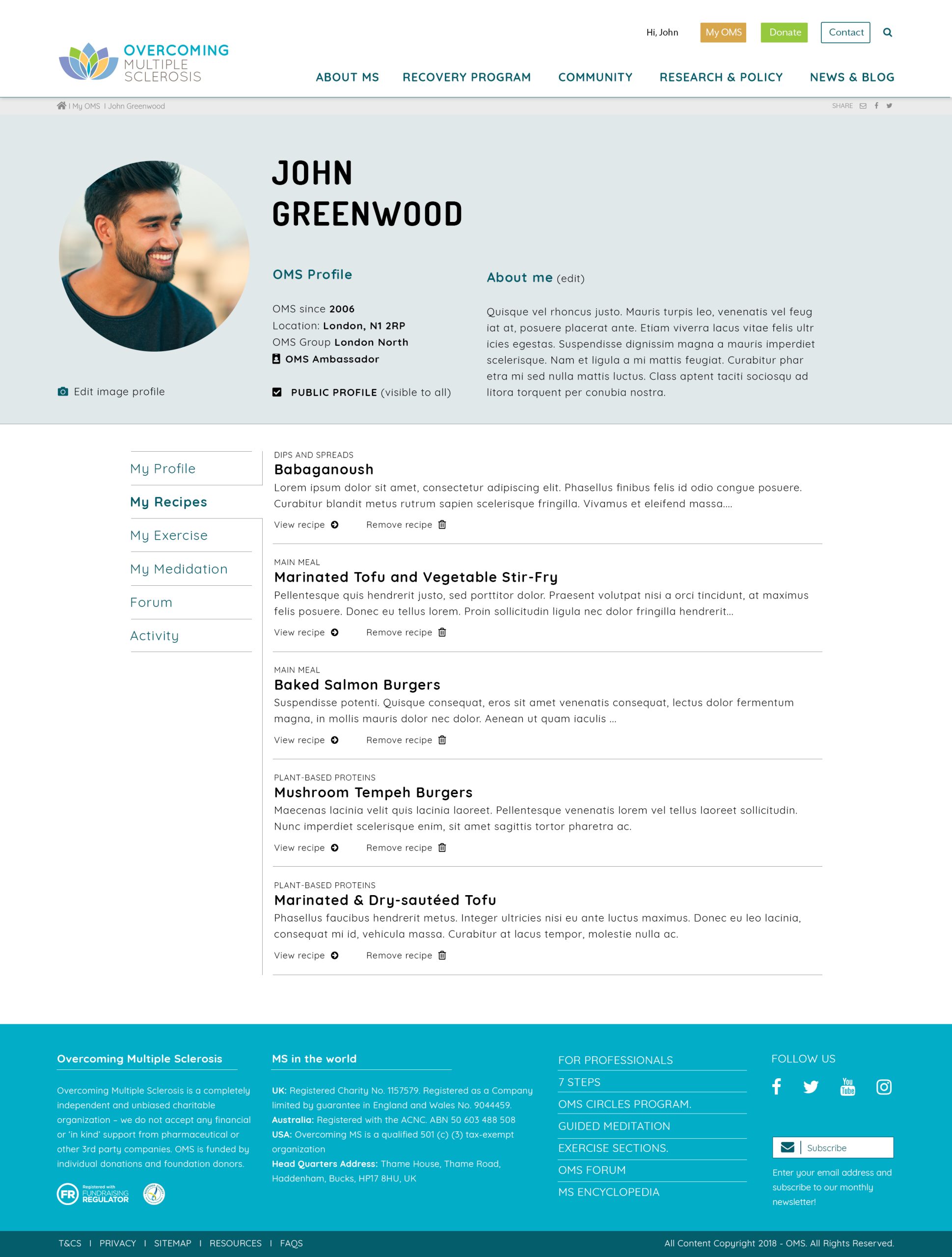 User profile page showing personal information, public profile status, and a list of saved recipes