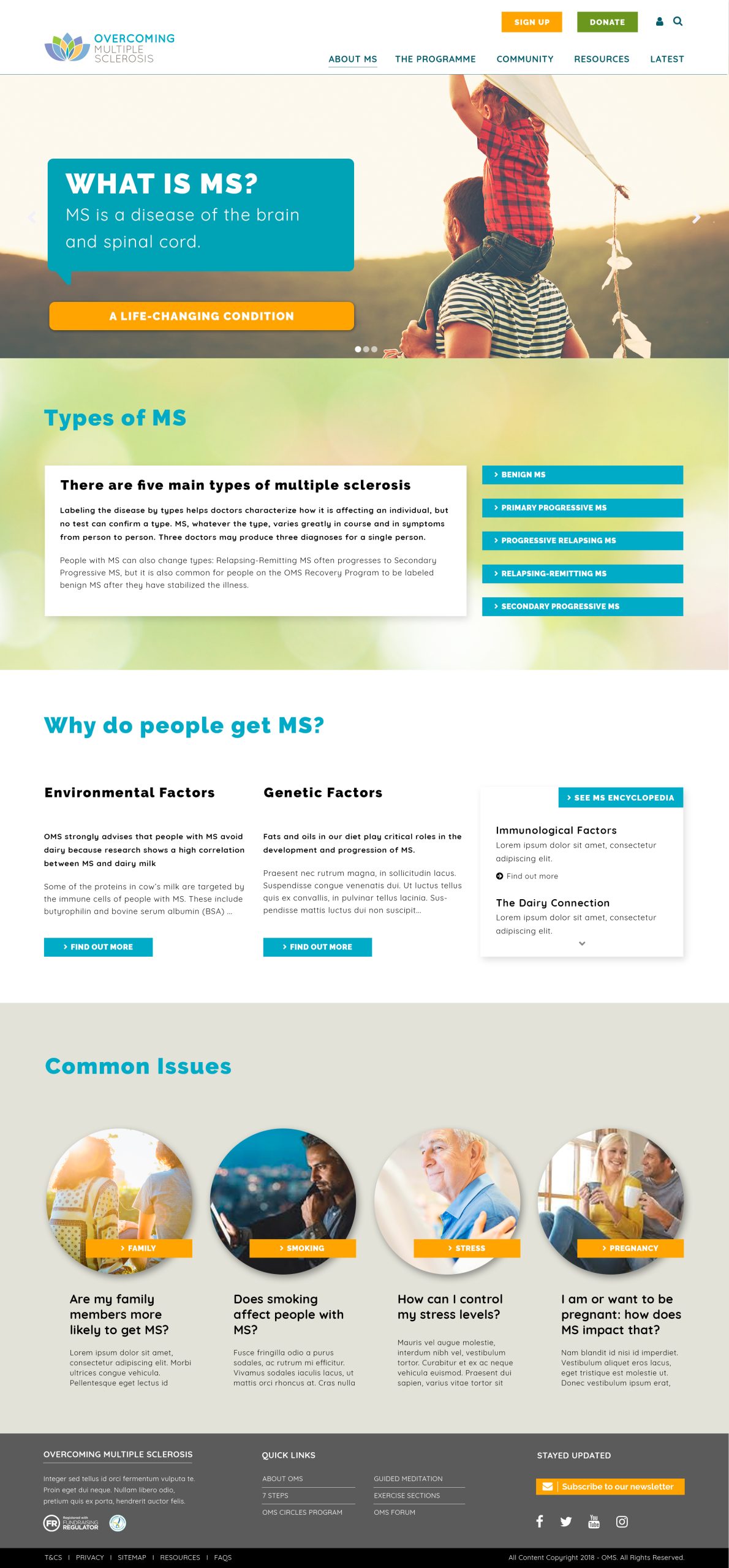 Informational page explaining multiple sclerosis with sections on types, causes, and common issues