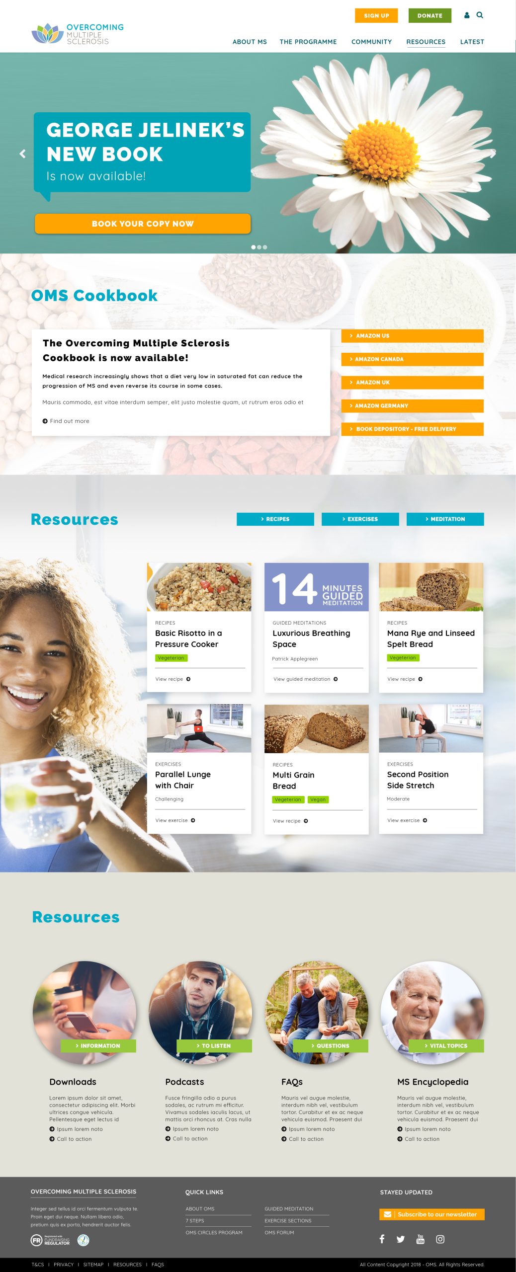 Homepage featuring book promotion, cookbook section, and health resources including recipes, exercises, and meditation content