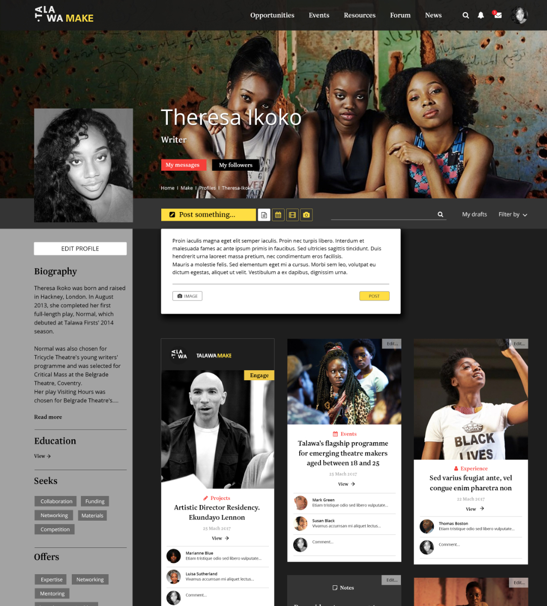 User profile page with cover image, biography, post creation box, and feed of projects, events, and experiences