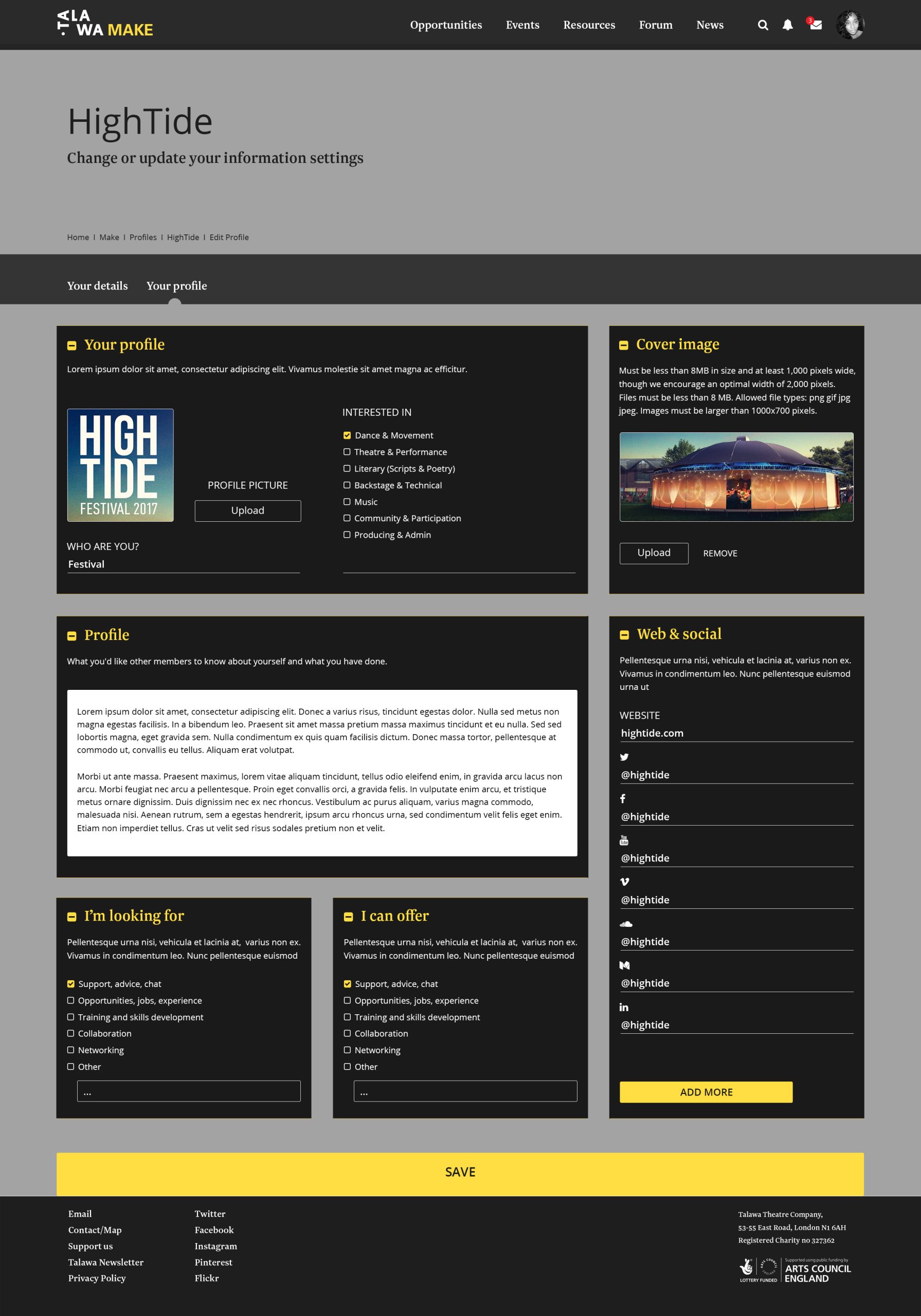 Profile edit page with sections for personal details, interests, cover image, description, and social links