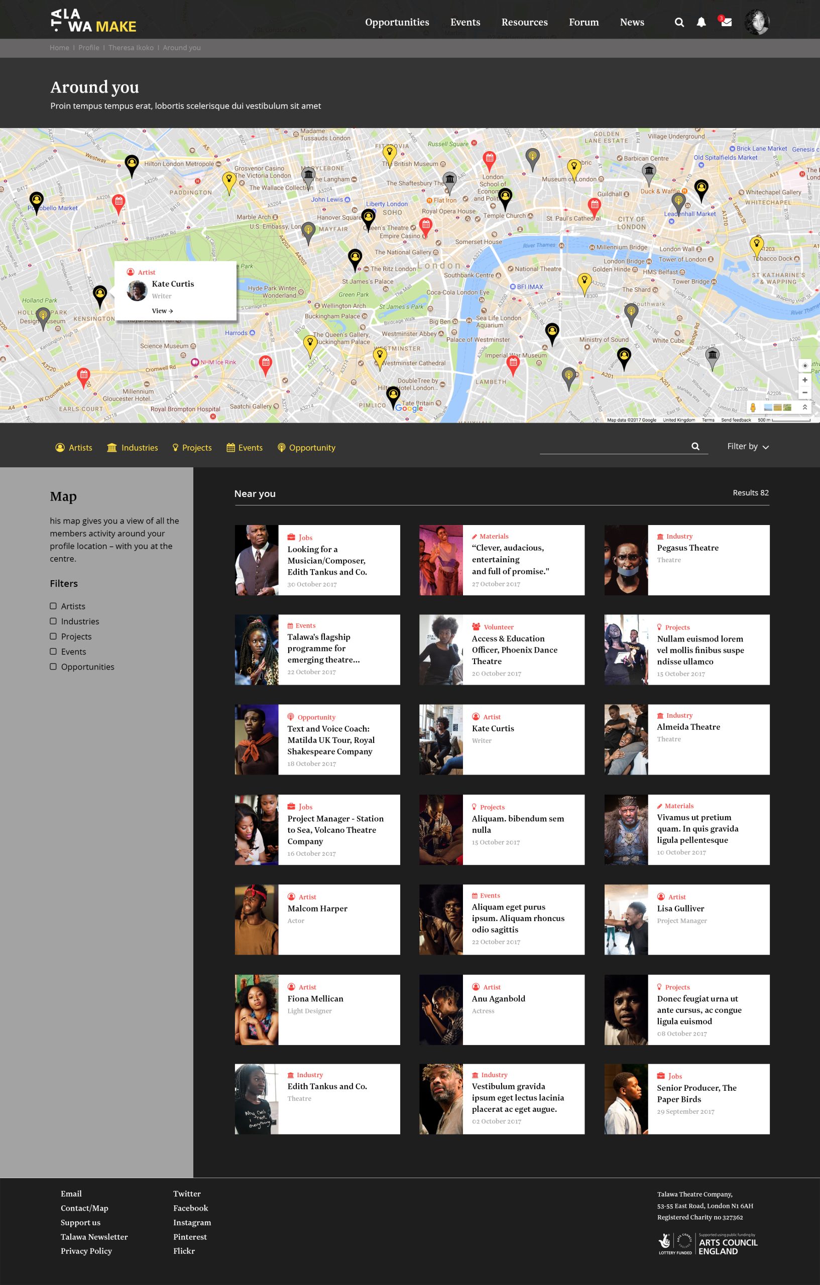 Map-based community page showing nearby artists, events, and opportunities with location pins and listing cards