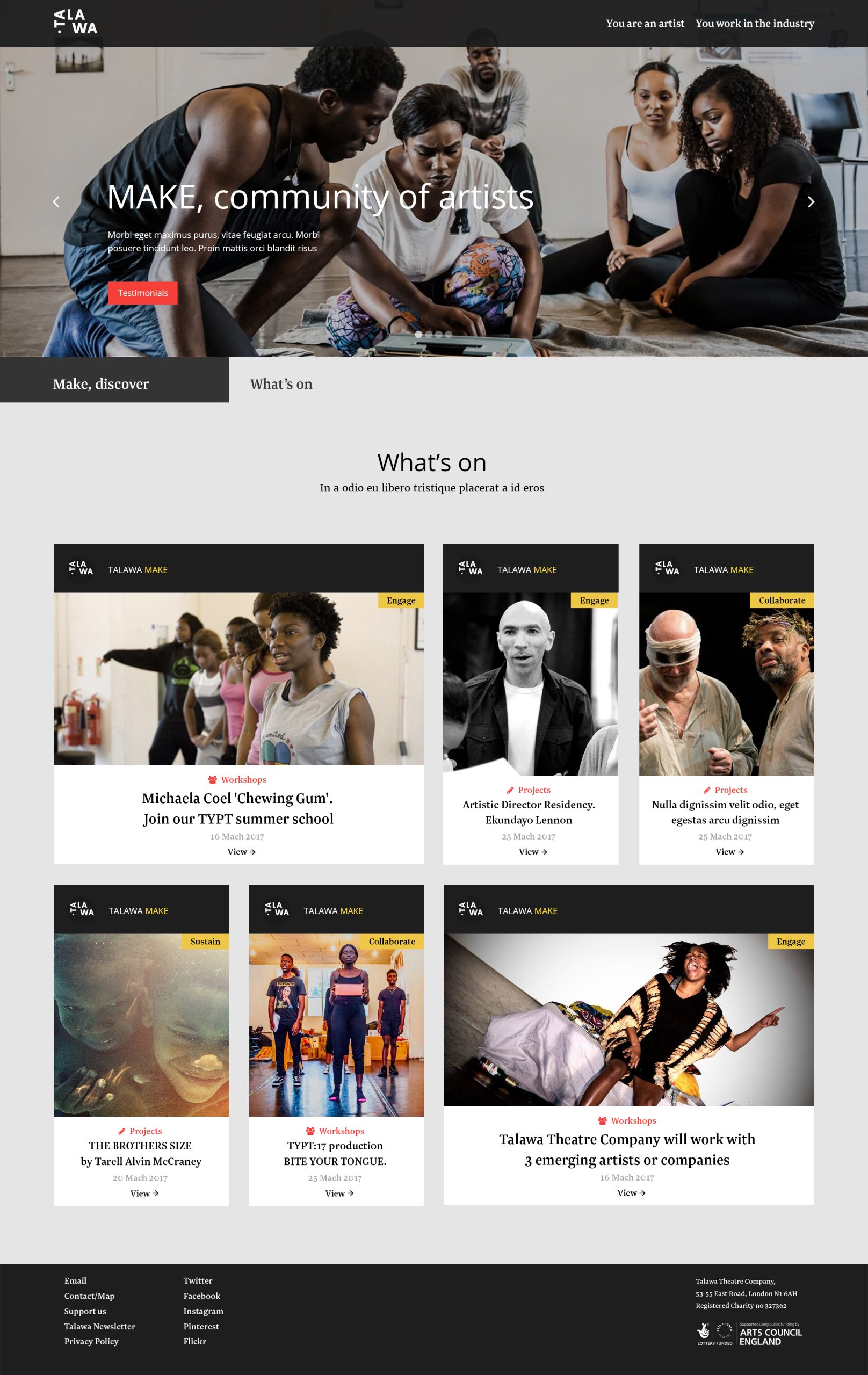 Arts community website homepage featuring a hero image of people collaborating and a grid of events, workshops, and projects