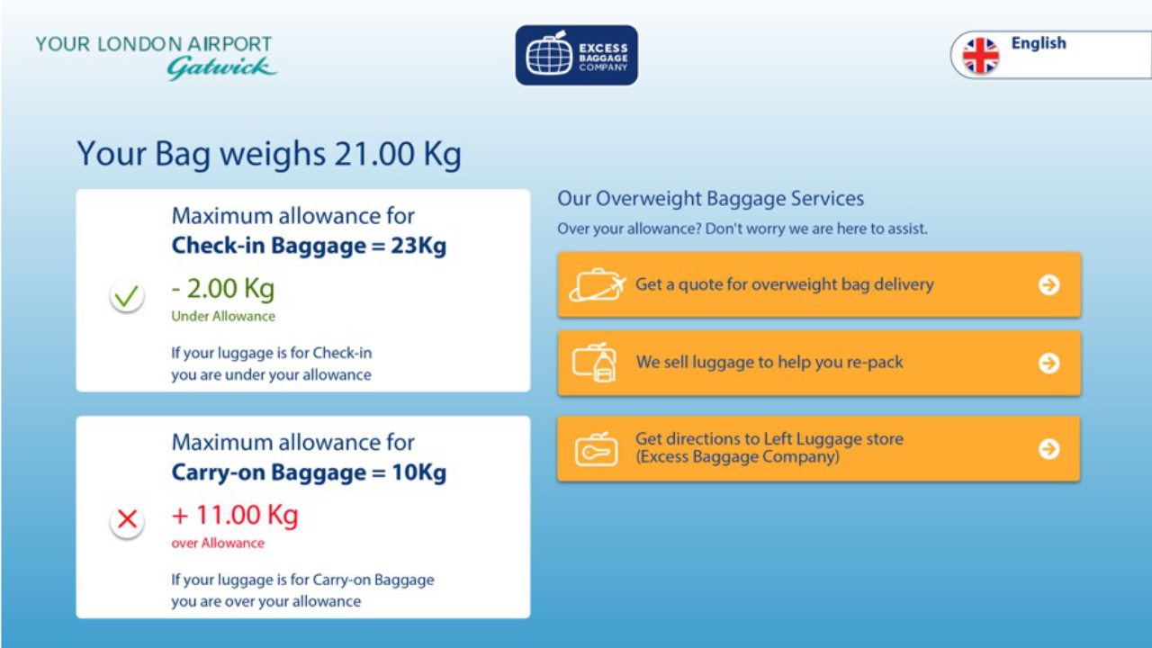 Screen showing luggage weight results comparing check-in and carry-on allowances with options for overweight services