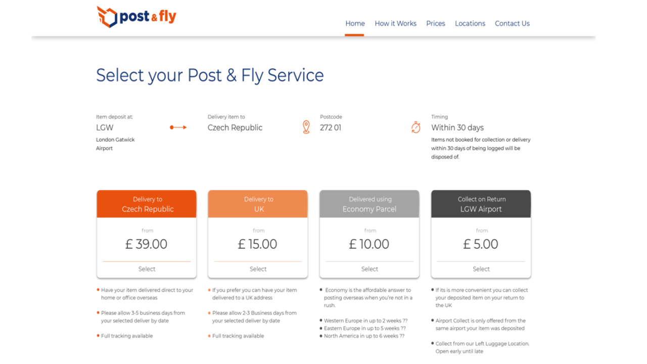 Service selection screen showing delivery options with pricing, destinations, and collection choices