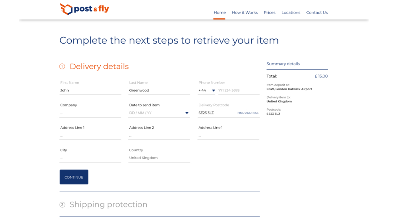 Delivery details form with fields for personal information, address, and postcode alongside an order summary and total cost